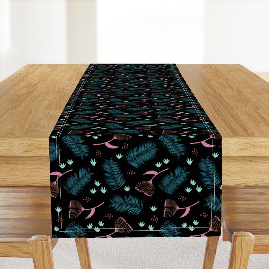 Australian wild flowers and leaves summer night print blue black pink