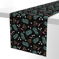 Australian wild flowers and leaves summer night print mint black pink yellow