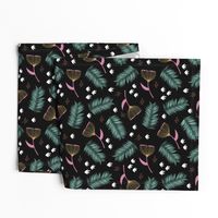 Australian wild flowers and leaves summer night print mint black pink yellow