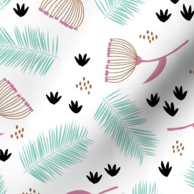 Australian wild flowers and leaves summer day print mint black pink yellow