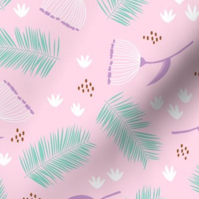Australian wild flowers and leaves summer day print pink mint lilac