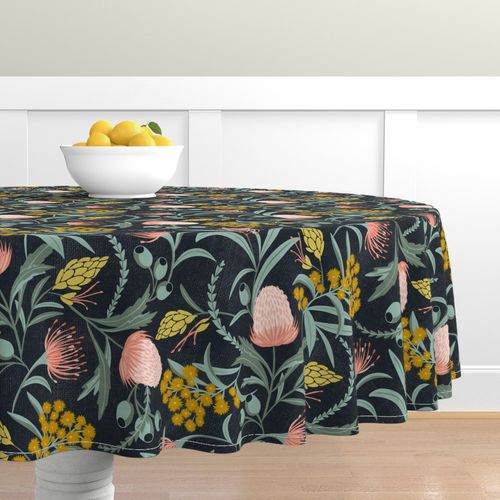 Round Tablecloth Jumbo Floral Flowers Spring Blue Botanical Cotton Sateen 