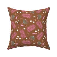 Australian wild flowers and leaves summer day print pink rust