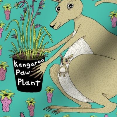 kangaroo with kangaroo paw plant, large scale, green beige khaki brown orchid lime