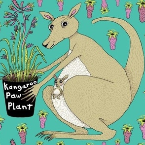 kangaroo with kangaroo paw plant, large scale, green beige khaki brown orchid lime