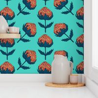 Vintage Flower boho Australian Banksia orange teal Wallpaper