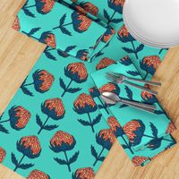 Vintage Flower boho Australian Banksia orange teal Wallpaper