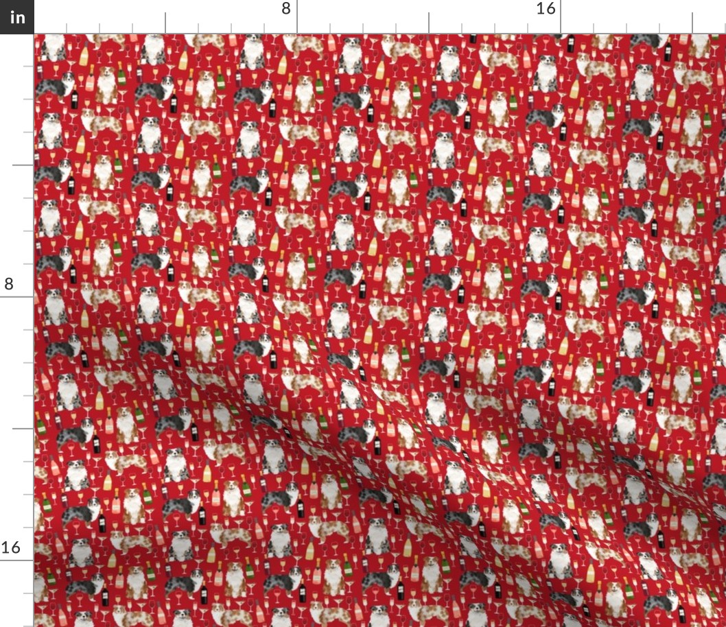 SMALL  - australian shepherd dog fabric dogs and wine design - red merle and blue merle dogs -red