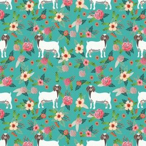 boer goat floral fabric - goat fabric, goat floral fabric, boer goat, cute farm animals fabric, farm animals fabric, animal fabric - blue
