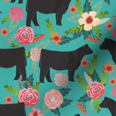 LARGE _ steer floral fabric show steer cows farm barn fabric florals design - turquoise