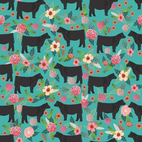 LARGE _ steer floral fabric show steer cows farm barn fabric florals design - turquoise