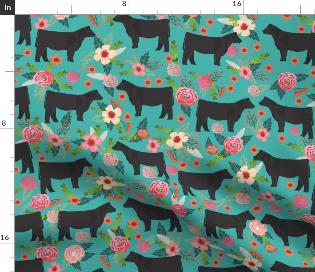 LARGE _ steer floral fabric show steer cows farm barn fabric florals design - turquoise