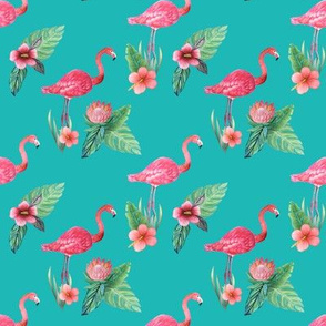 pink flamingo floral watercolor on teal 