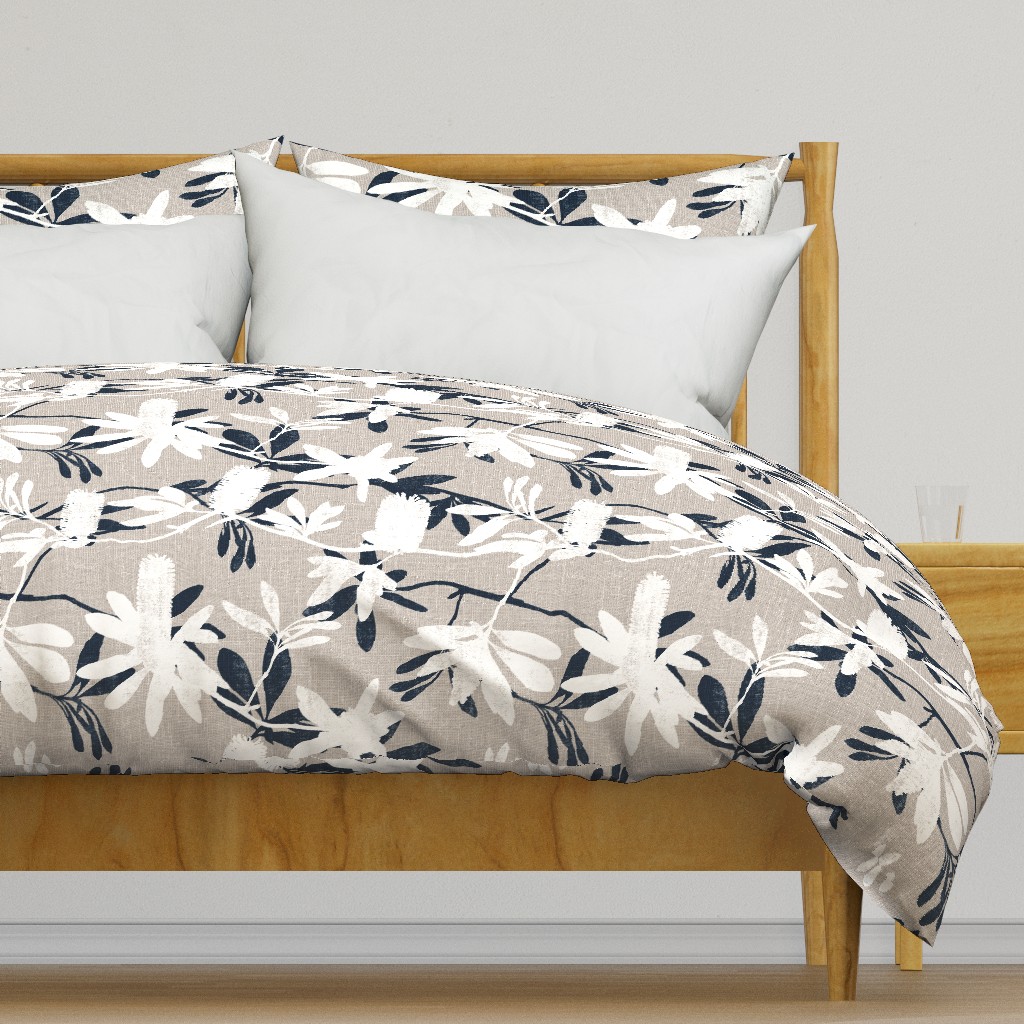 Faux screen printed Banksia on natural linen look || Australiana