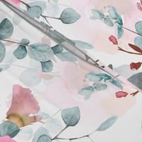 18" Australian Flora - hand drawn watercolor Eucalyptus and blush flowers on white