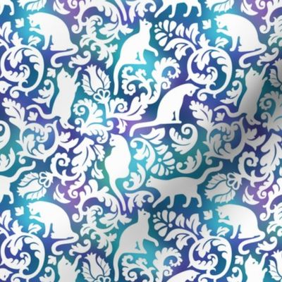 Cats In The Garden / White On Blue Purple Gradient Background / Small Scale