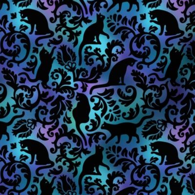  Small Scale / Cats In The Garden / Black On Blue Purple Gradient Background