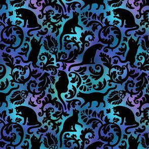  Small Scale / Cats In The Garden / Black On Blue Purple Gradient Background