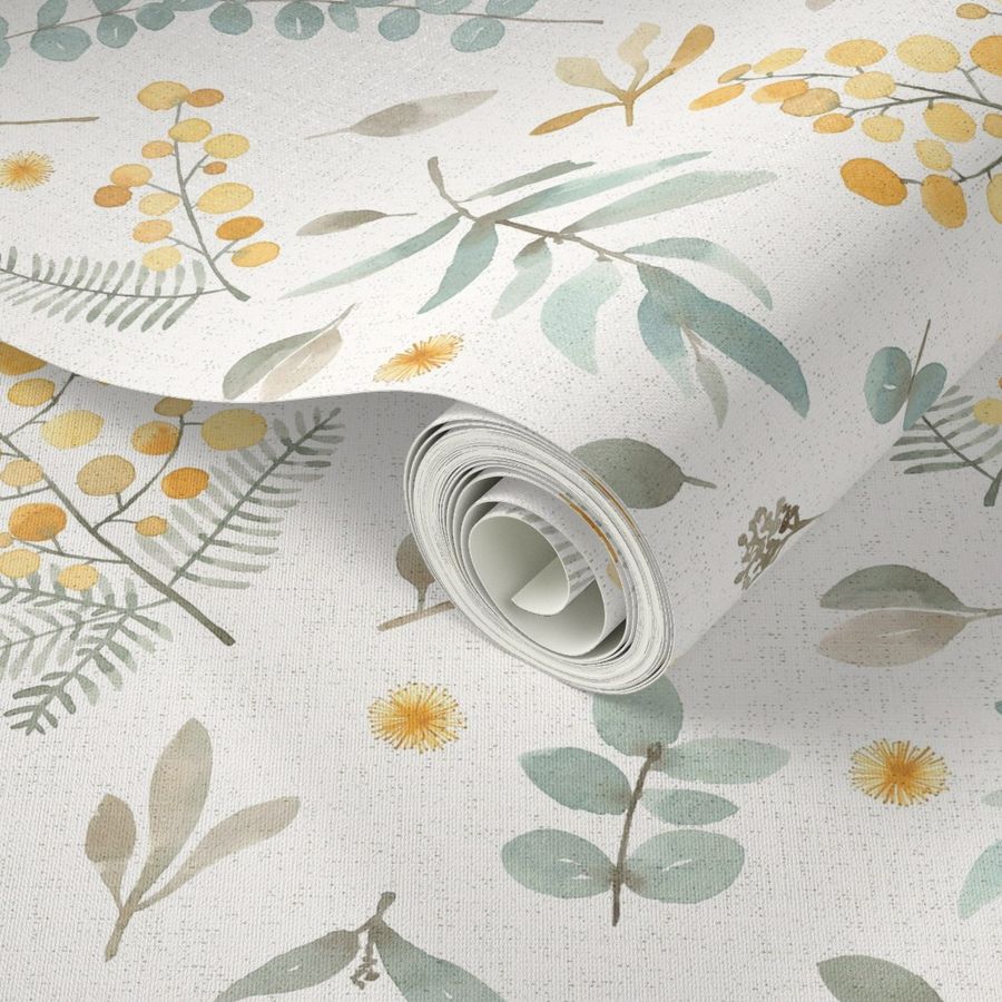 Australian wattle and eucalyptus Wallpaper | Spoonflower