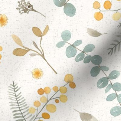 Australian wattle and eucalyptus watercolor floral  - LARGE