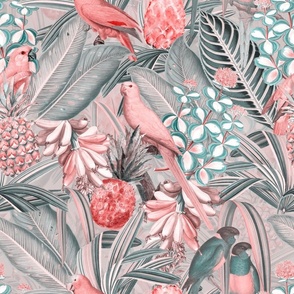 18" Pierre-Joseph Redouté tropicals Lush tropical vintage Jungle blossoms summer bird paradise in pink sepia 