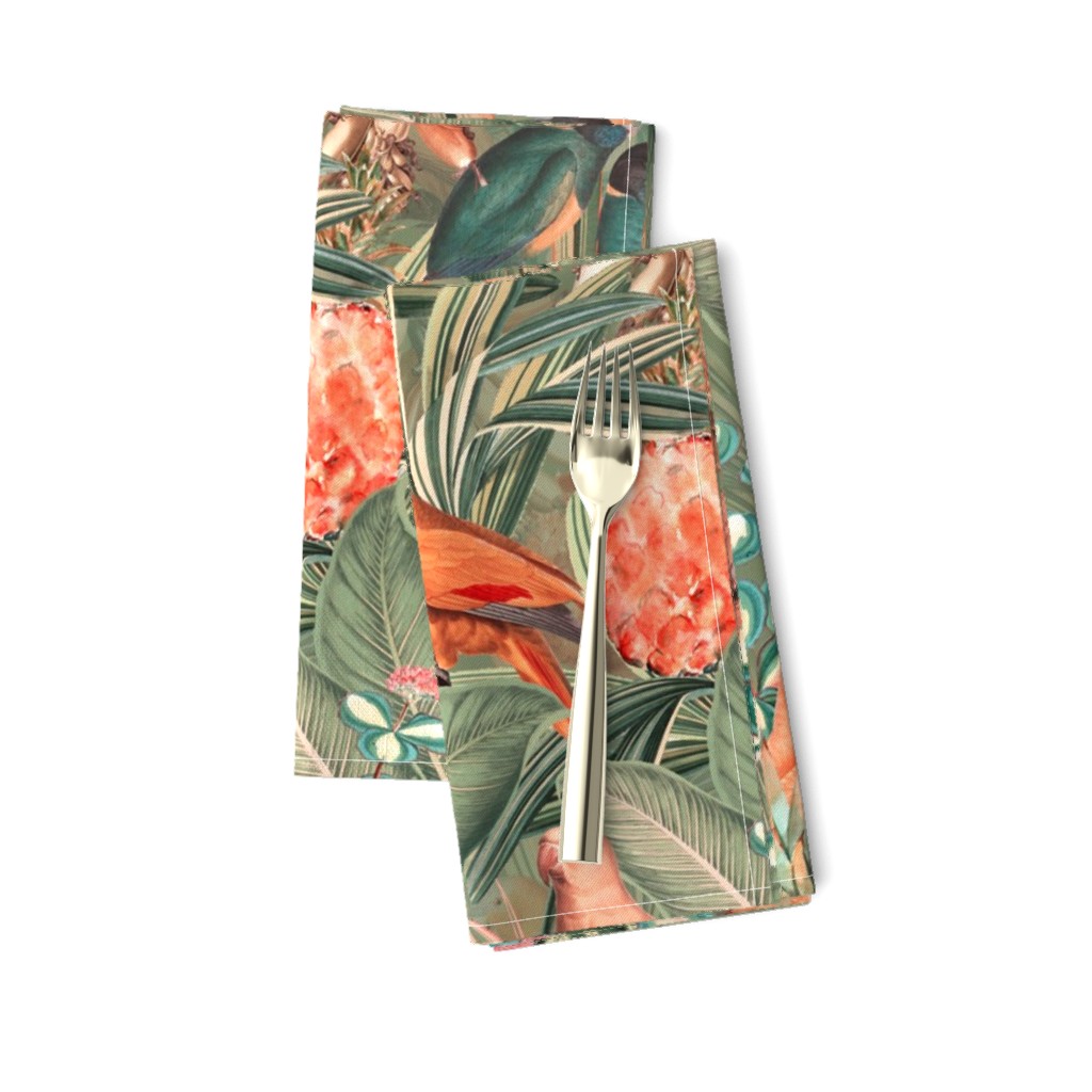 18" Step into a Summer Bird Paradise for a powder room : Safari Rainforest with Lush Tropical Jungle Blossoms and Sepia Orange Accents  for Exquisite Home Decor and Dark Green Wallpaper