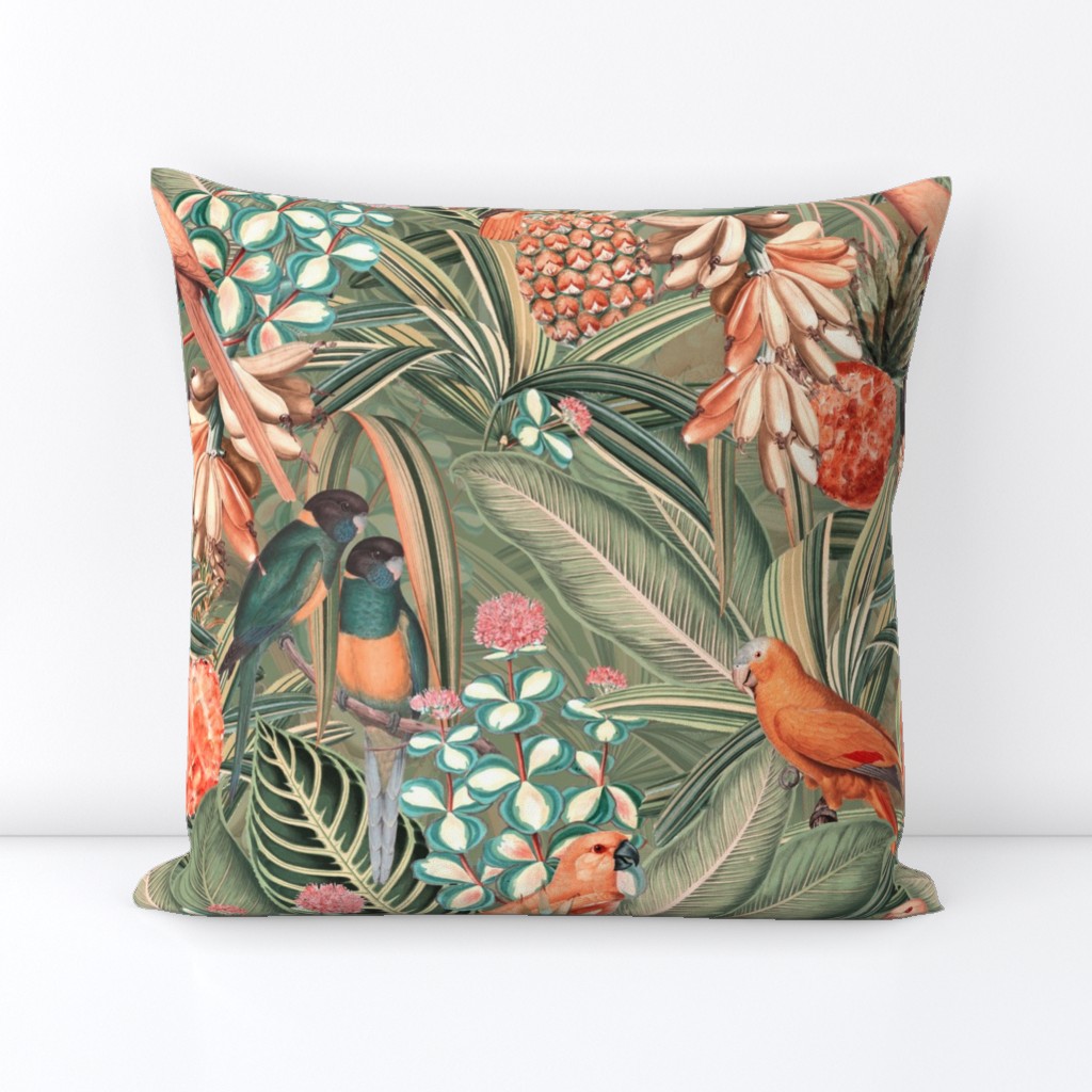 18" Step into a Summer Bird Paradise for a powder room : Safari Rainforest with Lush Tropical Jungle Blossoms and Sepia Orange Accents  for Exquisite Home Decor and Dark Green Wallpaper