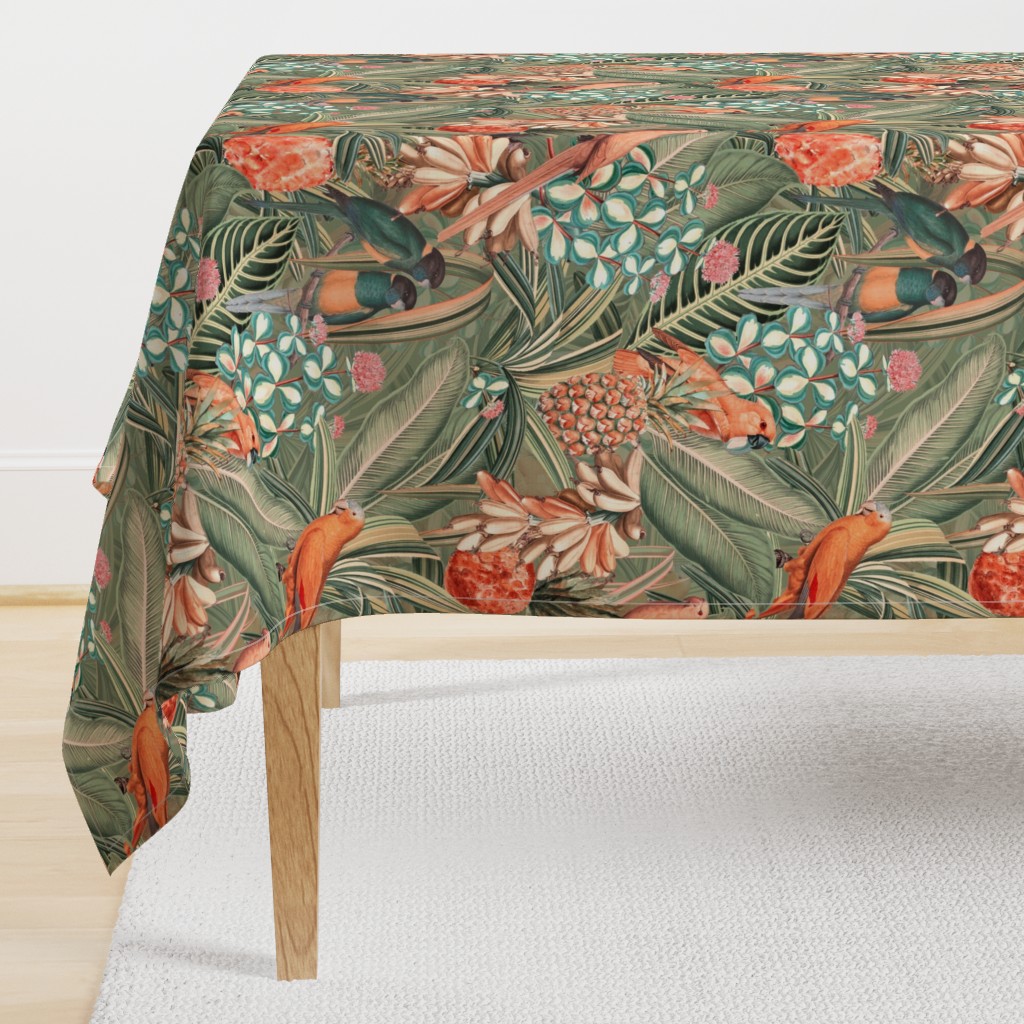 18" Step into a Summer Bird Paradise for a powder room : Safari Rainforest with Lush Tropical Jungle Blossoms and Sepia Orange Accents  for Exquisite Home Decor and Dark Green Wallpaper