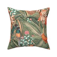 18" Step into a Summer Bird Paradise for a powder room : Safari Rainforest with Lush Tropical Jungle Blossoms and Sepia Orange Accents  for Exquisite Home Decor and Dark Green Wallpaper