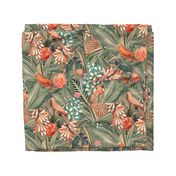 18" Step into a Summer Bird Paradise for a powder room : Safari Rainforest with Lush Tropical Jungle Blossoms and Sepia Orange Accents  for Exquisite Home Decor and Dark Green Wallpaper