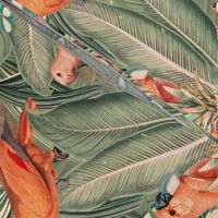 18" Step into a Summer Bird Paradise for a powder room : Safari Rainforest with Lush Tropical Jungle Blossoms and Sepia Orange Accents  for Exquisite Home Decor and Dark Green Wallpaper