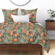 18" Step into a Summer Bird Paradise for a powder room : Safari Rainforest with Lush Tropical Jungle Blossoms and Sepia Orange Accents  for Exquisite Home Decor and Dark Green Wallpaper