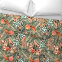 18" Step into a Summer Bird Paradise for a powder room : Safari Rainforest with Lush Tropical Jungle Blossoms and Sepia Orange Accents  for Exquisite Home Decor and Dark Green Wallpaper