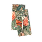 18" Step into a Summer Bird Paradise for a powder room : Safari Rainforest with Lush Tropical Jungle Blossoms and Sepia Orange Accents  for Exquisite Home Decor and Dark Green Wallpaper