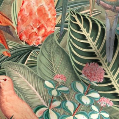 18" Step into a Summer Bird Paradise for a powder room : Safari Rainforest with Lush Tropical Jungle Blossoms and Sepia Orange Accents  for Exquisite Home Decor and Dark Green Wallpaper