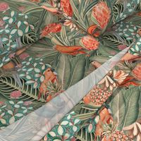 18" Step into a Summer Bird Paradise for a powder room : Safari Rainforest with Lush Tropical Jungle Blossoms and Sepia Orange Accents  for Exquisite Home Decor and Dark Green Wallpaper