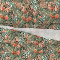 18" Step into a Summer Bird Paradise for a powder room : Safari Rainforest with Lush Tropical Jungle Blossoms and Sepia Orange Accents  for Exquisite Home Decor and Dark Green Wallpaper