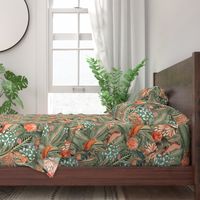 18" Step into a Summer Bird Paradise for a powder room : Safari Rainforest with Lush Tropical Jungle Blossoms and Sepia Orange Accents  for Exquisite Home Decor and Dark Green Wallpaper