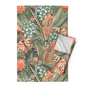 18" Step into a Summer Bird Paradise for a powder room : Safari Rainforest with Lush Tropical Jungle Blossoms and Sepia Orange Accents  for Exquisite Home Decor and Dark Green Wallpaper