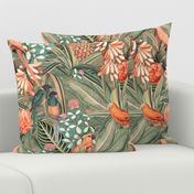 18" Step into a Summer Bird Paradise for a powder room : Safari Rainforest with Lush Tropical Jungle Blossoms and Sepia Orange Accents  for Exquisite Home Decor and Dark Green Wallpaper