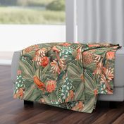 18" Step into a Summer Bird Paradise for a powder room : Safari Rainforest with Lush Tropical Jungle Blossoms and Sepia Orange Accents  for Exquisite Home Decor and Dark Green Wallpaper