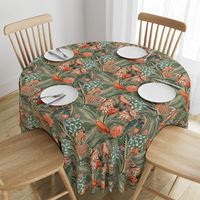 18" Step into a Summer Bird Paradise for a powder room : Safari Rainforest with Lush Tropical Jungle Blossoms and Sepia Orange Accents  for Exquisite Home Decor and Dark Green Wallpaper