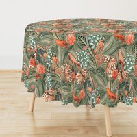 18" Step into a Summer Bird Paradise for a powder room : Safari Rainforest with Lush Tropical Jungle Blossoms and Sepia Orange Accents  for Exquisite Home Decor and Dark Green Wallpaper