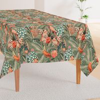 18" Step into a Summer Bird Paradise for a powder room : Safari Rainforest with Lush Tropical Jungle Blossoms and Sepia Orange Accents  for Exquisite Home Decor and Dark Green Wallpaper