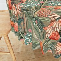 18" Step into a Summer Bird Paradise for a powder room : Safari Rainforest with Lush Tropical Jungle Blossoms and Sepia Orange Accents  for Exquisite Home Decor and Dark Green Wallpaper