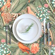 18" Step into a Summer Bird Paradise for a powder room : Safari Rainforest with Lush Tropical Jungle Blossoms and Sepia Orange Accents  for Exquisite Home Decor and Dark Green Wallpaper