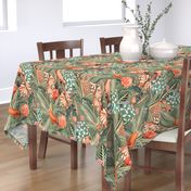 18" Step into a Summer Bird Paradise for a powder room : Safari Rainforest with Lush Tropical Jungle Blossoms and Sepia Orange Accents  for Exquisite Home Decor and Dark Green Wallpaper