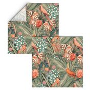 18" Step into a Summer Bird Paradise for a powder room : Safari Rainforest with Lush Tropical Jungle Blossoms and Sepia Orange Accents  for Exquisite Home Decor and Dark Green Wallpaper