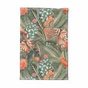 18" Step into a Summer Bird Paradise for a powder room : Safari Rainforest with Lush Tropical Jungle Blossoms and Sepia Orange Accents  for Exquisite Home Decor and Dark Green Wallpaper