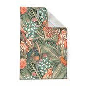 18" Step into a Summer Bird Paradise for a powder room : Safari Rainforest with Lush Tropical Jungle Blossoms and Sepia Orange Accents  for Exquisite Home Decor and Dark Green Wallpaper